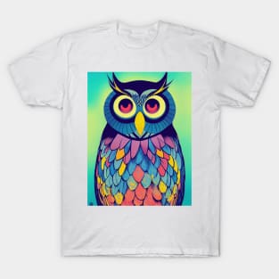 Colorful Owl Portrait Illustration - Bright Vibrant Colors Bohemian Style Feathers Psychedelic Bird Animal Rainbow Colored Art T-Shirt